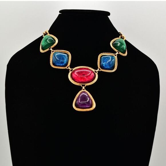 KJL Avon Cabochon Necklace Bib Multicolor Gripoix Jelly Gold Chunky Signed BinAU - Picture 2 of 12